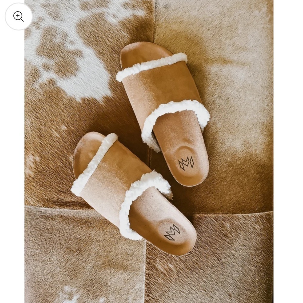 - 𝅺Malvados Meg Faux Microsuede Shearling Slide With Molded Corkbed